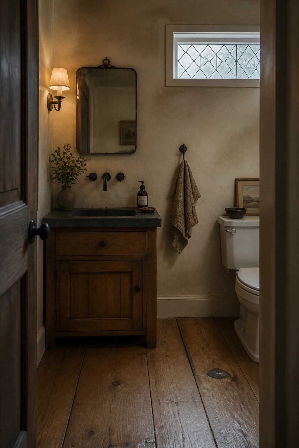 A small bathroom viewed through a doorway shows wide plank wood flooring, a wooden vanity with dark countertop, a wall-mounted mirror, and a white toilet.