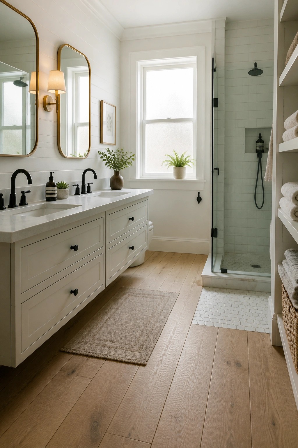 A bright bathroom with white shiplap walls, a long white vanity with black faucets, light wide plank wood flooring, and a glass-enclosed shower.