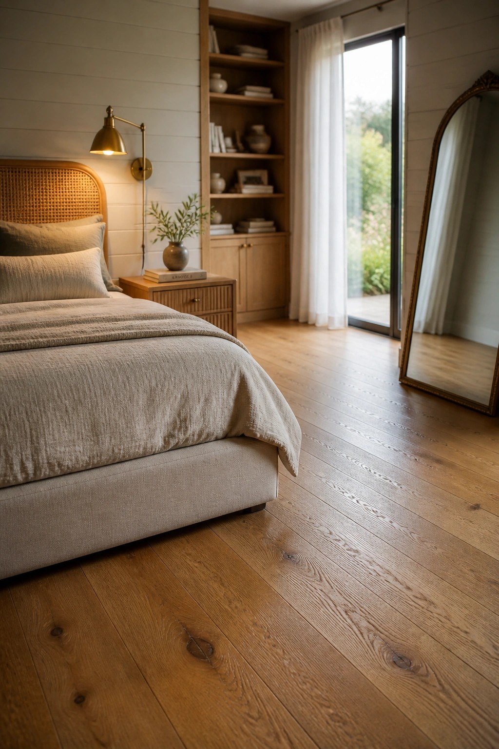 A bedroom featuring wide plank light wood flooring with visible grain and knots, a bed with beige bedding, a wooden headboard, and built-in shelves along the wall.