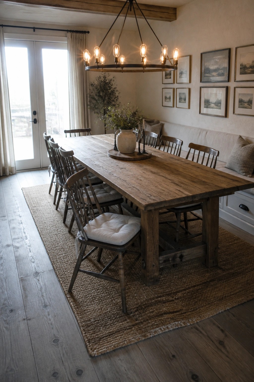 A dining room with a long wooden table on a jute rug, wooden spindle chairs, and wide plank wood flooring visible on the left.