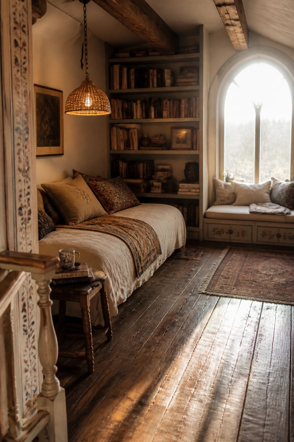 A bedroom interior featuring wide wooden floor planks, a bed with pillows, built-in bookshelves, and sunlight coming through an arched window.