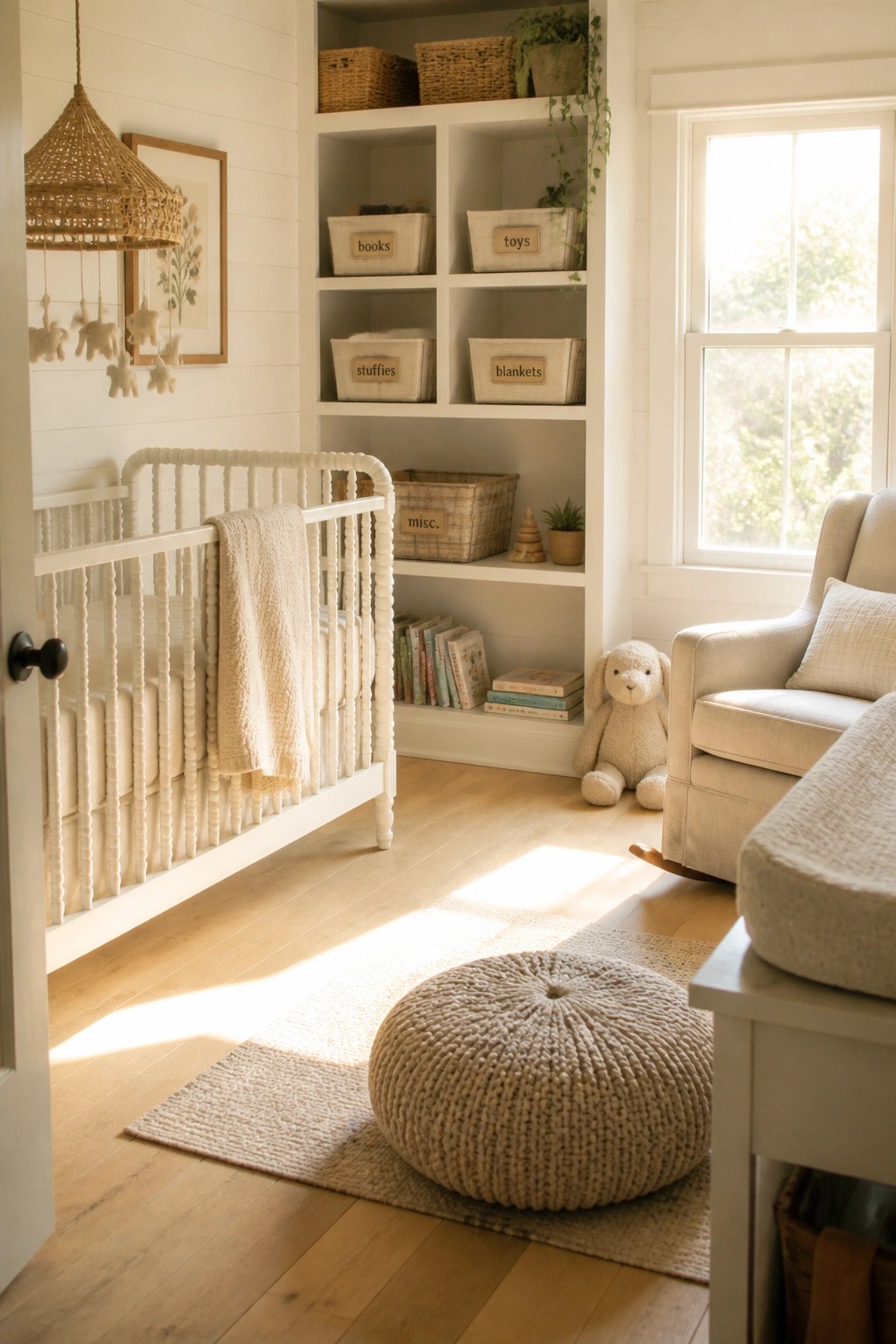 A bright nursery interior with white walls, a white spindle crib, built-in white shelves holding baskets and books, a light wood floor, and a round woven pouf on a rug.