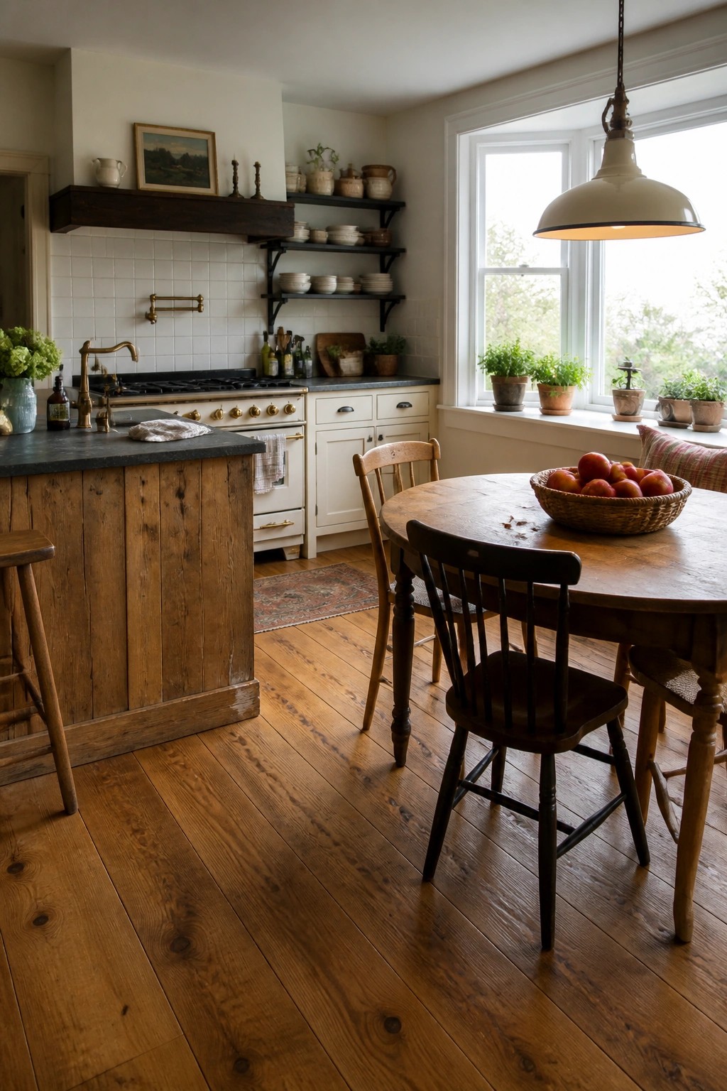 A farmhouse kitchen and dining area with wide plank wood flooring, a wooden island, a round wooden table with chairs, white cabinets, open shelving, and a large window.