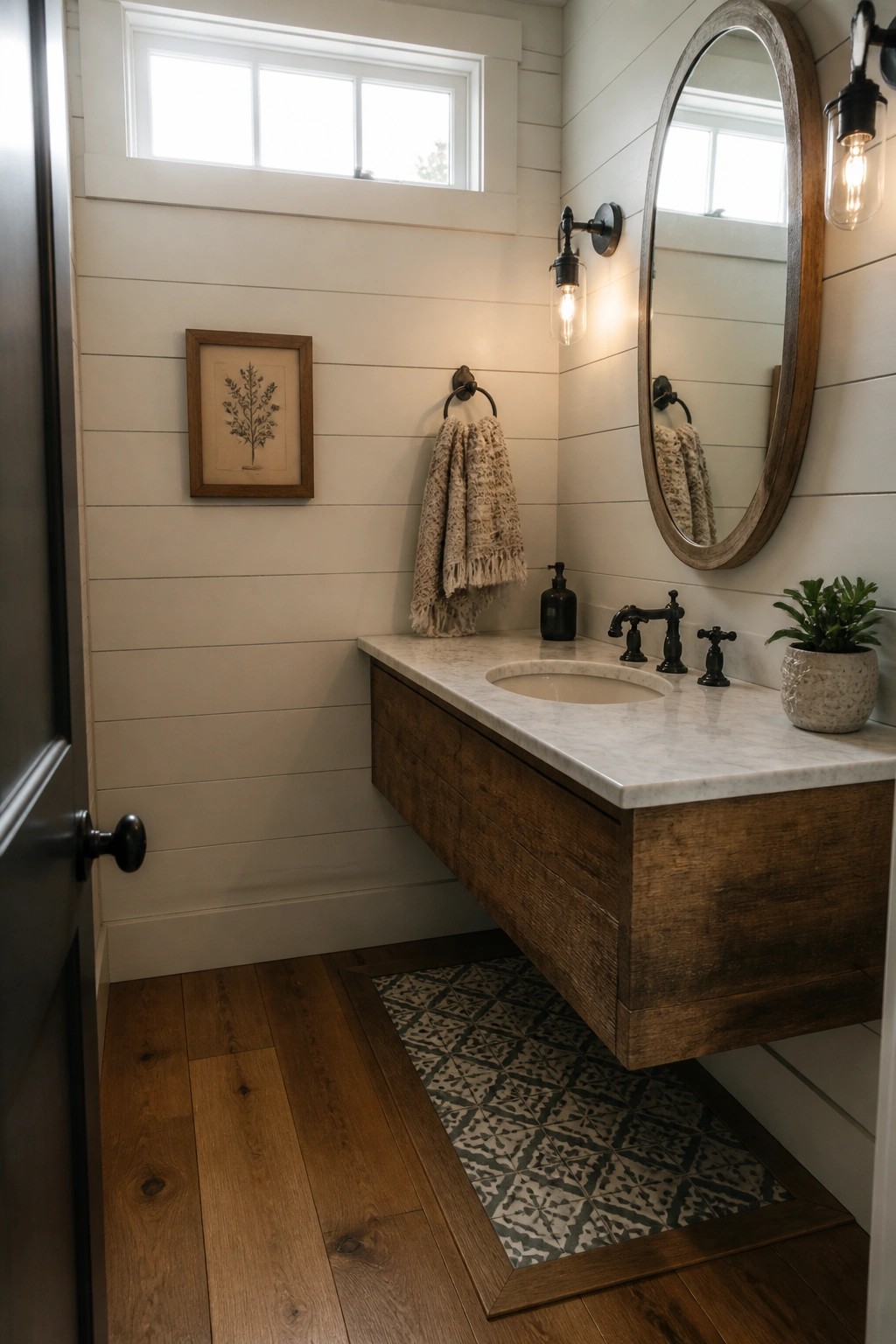 A bathroom interior featuring wide plank wood flooring, a floating wooden vanity with marble top, and white shiplap walls.