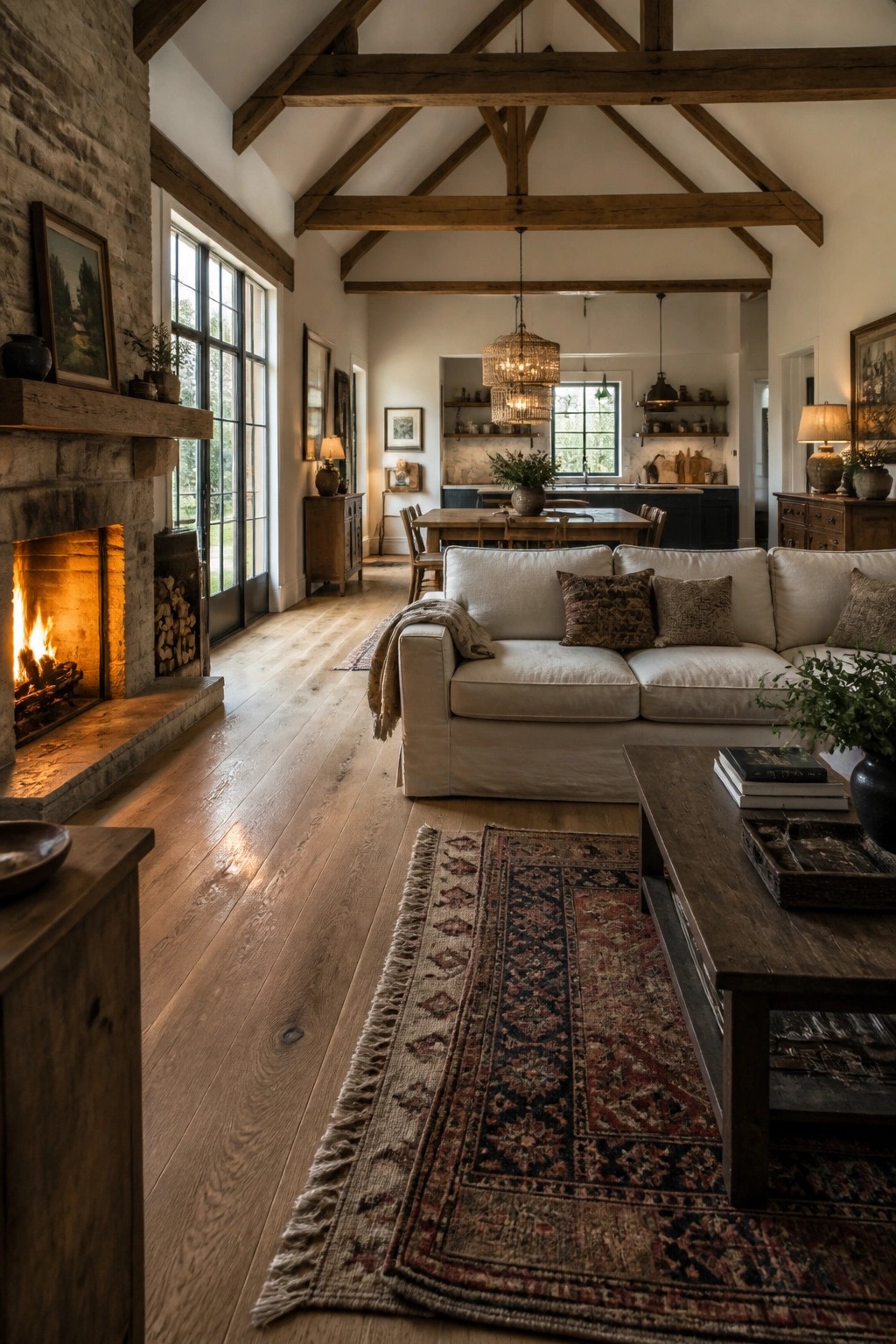A spacious living room with light wide plank wood flooring, a stone fireplace on the left, a white sofa, and a wooden coffee table on a patterned rug.