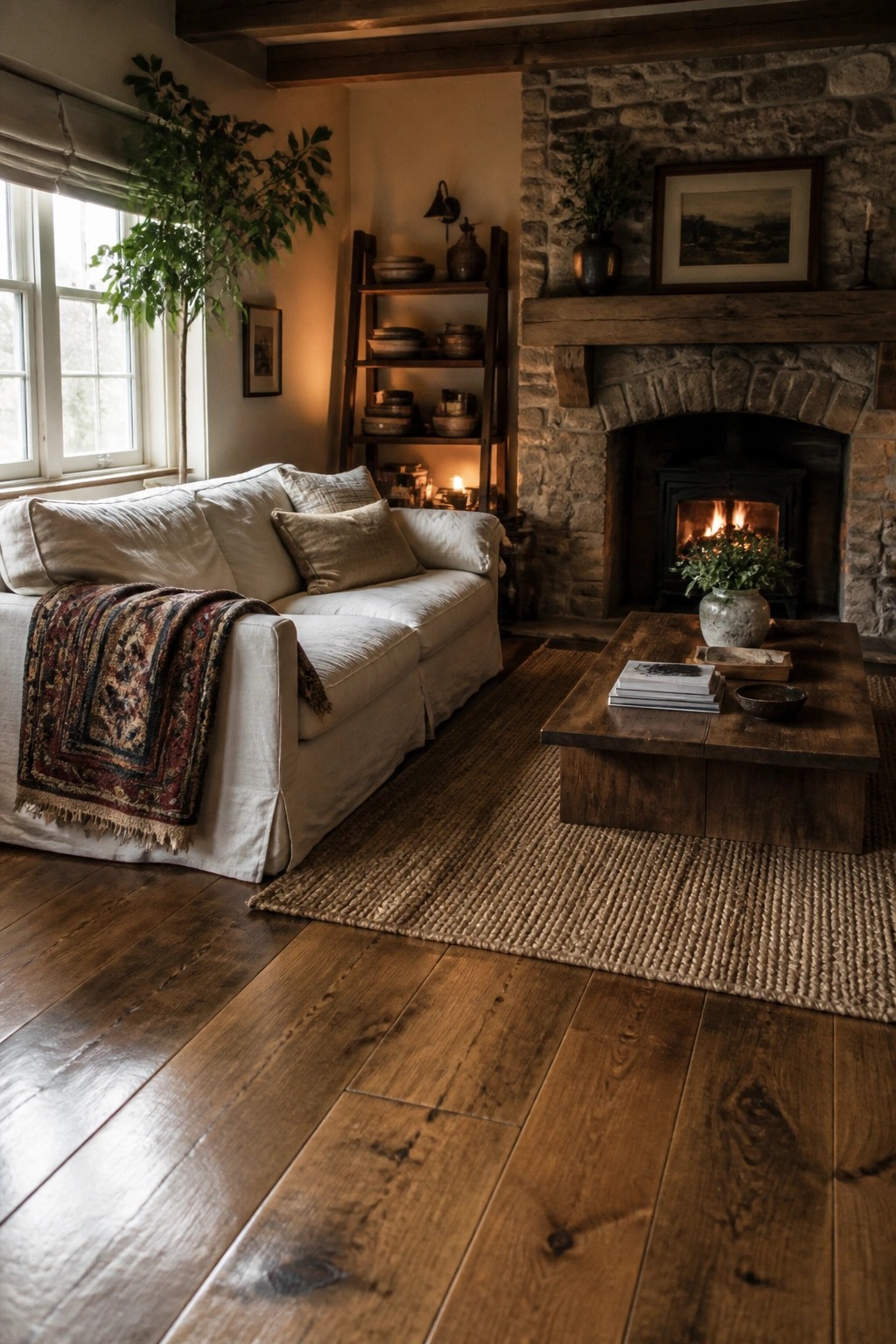 A living room featuring wide plank dark hardwood floors, a white slipcovered sofa with a patterned throw, a wooden coffee table on a woven rug, and a stone fireplace with a lit fire.