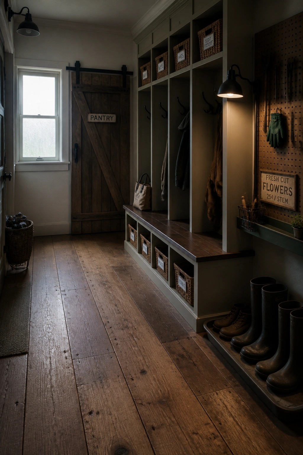 A long farmhouse mudroom with wide dark wood plank flooring, built-in cubbies with baskets, wall hooks, and rubber boots on a tray.