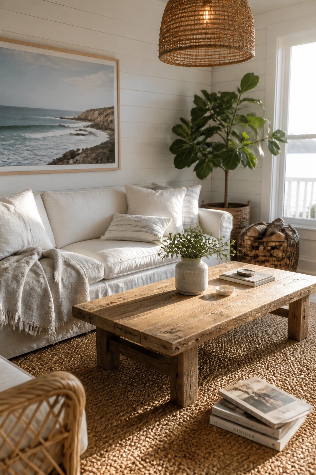 A living room with white horizontal shiplap walls, a white sofa, a wooden coffee table, and a large plant near a window.
