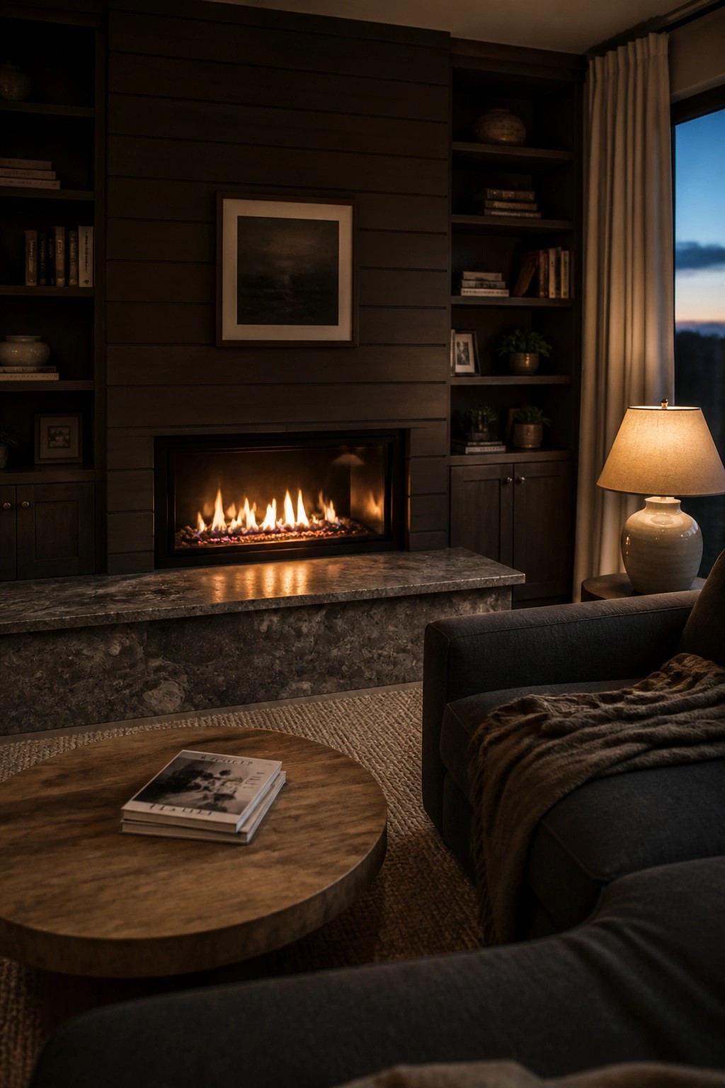 A living room with a dark vertical shiplap wall centered on a fireplace, flanked by built-in shelves, and a round wooden coffee table in the foreground.