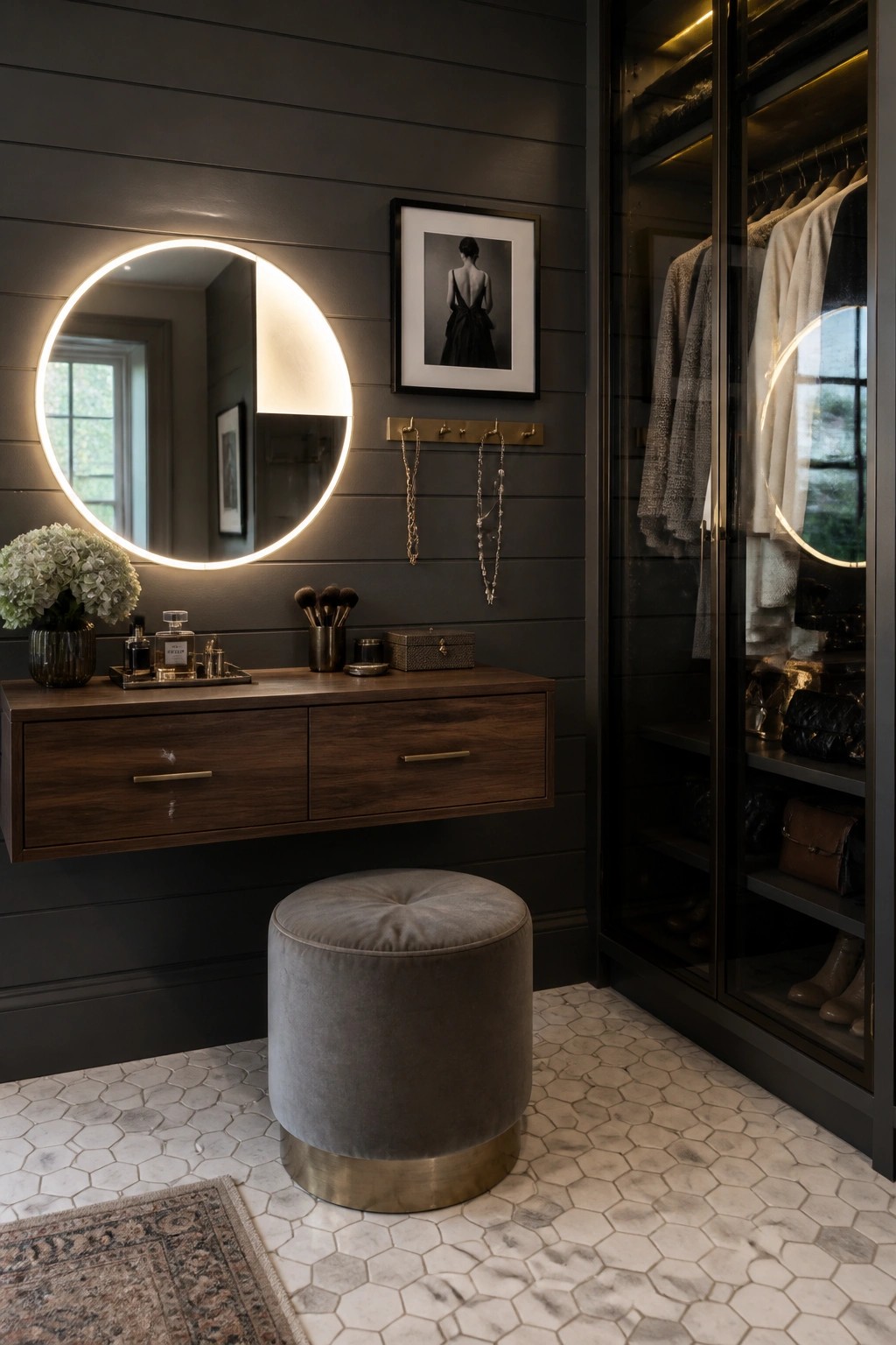 Dark elegant dressing room with round lit mirror, walnut vanity, gray ottoman, and glass closet