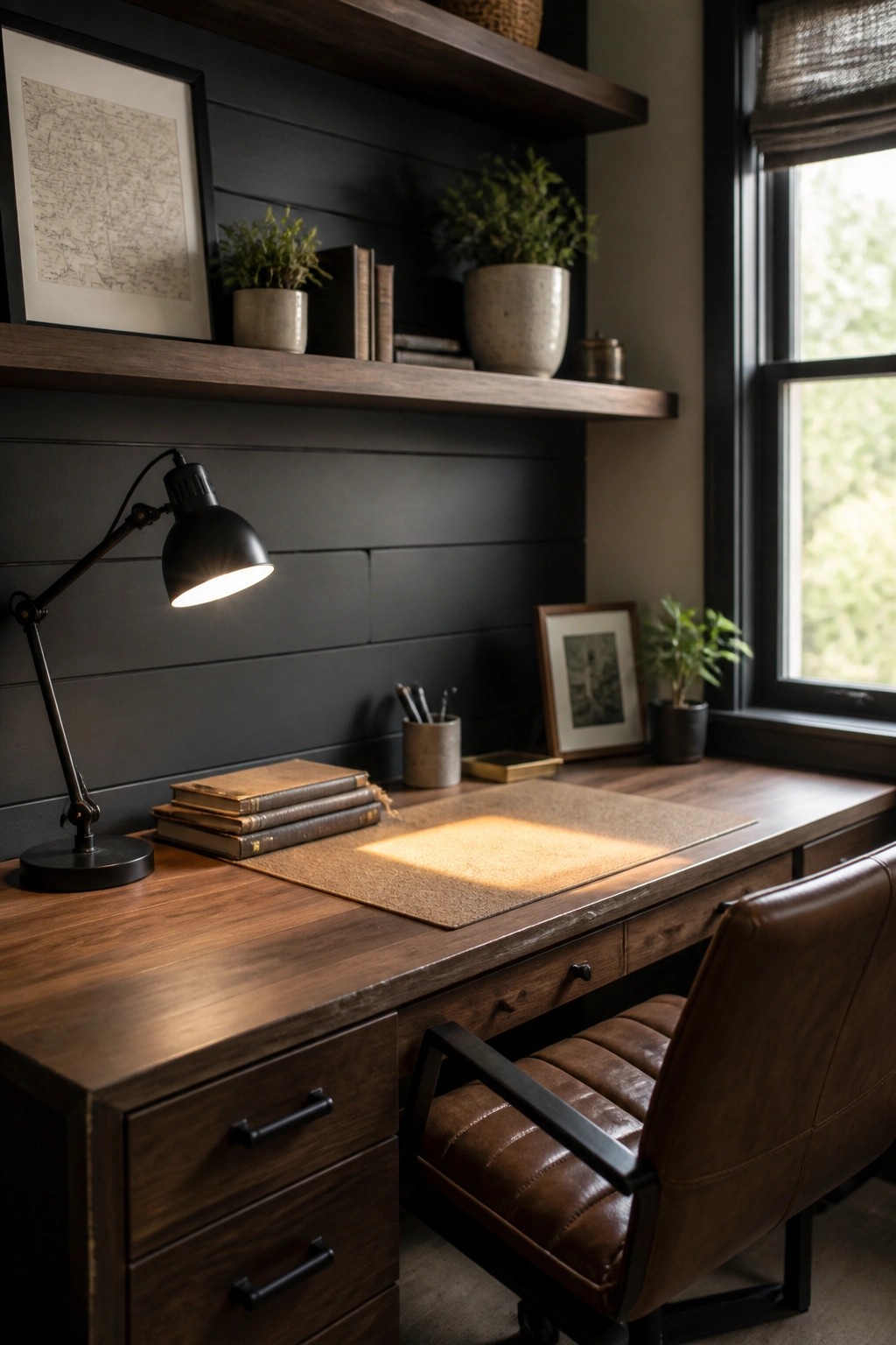 A home office featuring a dark shiplap accent wall behind a wooden desk with a lit black lamp, stacked books, and a brown leather chair.