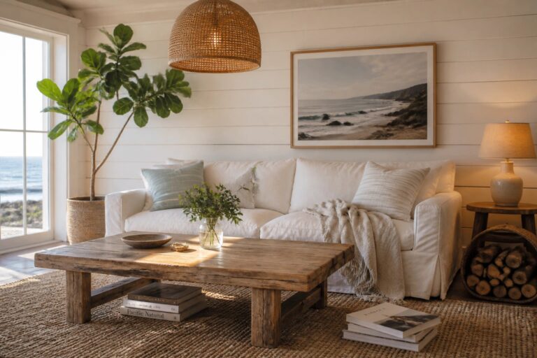 20 Fresh Shiplap Wall Ideas for a Clean and Relaxed Look A living room with white horizontal shiplap walls, a white sofa, a wooden coffee table, and a large plant near a window.