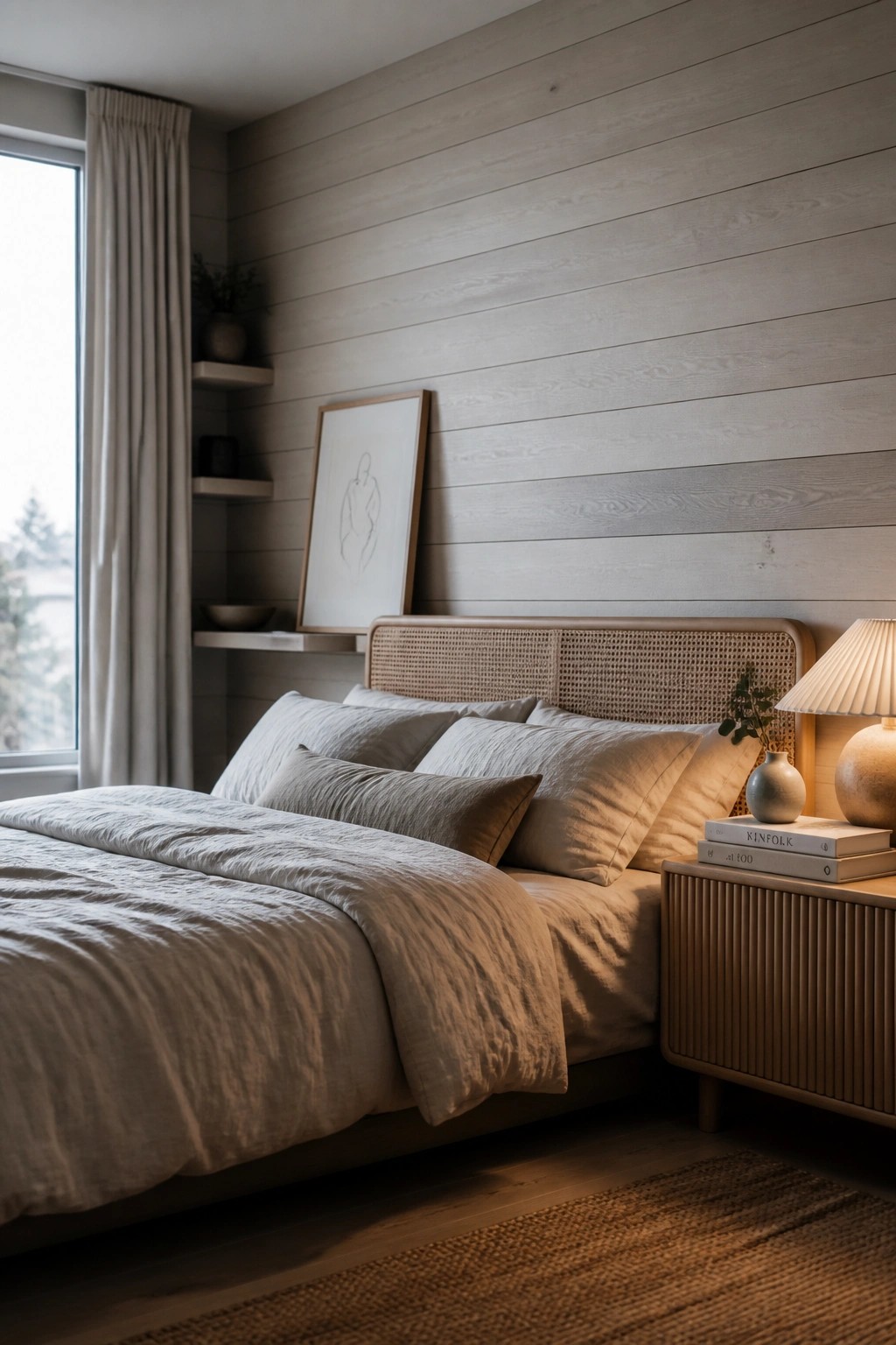 A bedroom with a bed dressed in neutral linens set against a light gray horizontal shiplap wall, with a wooden nightstand holding stacked books and a lamp.