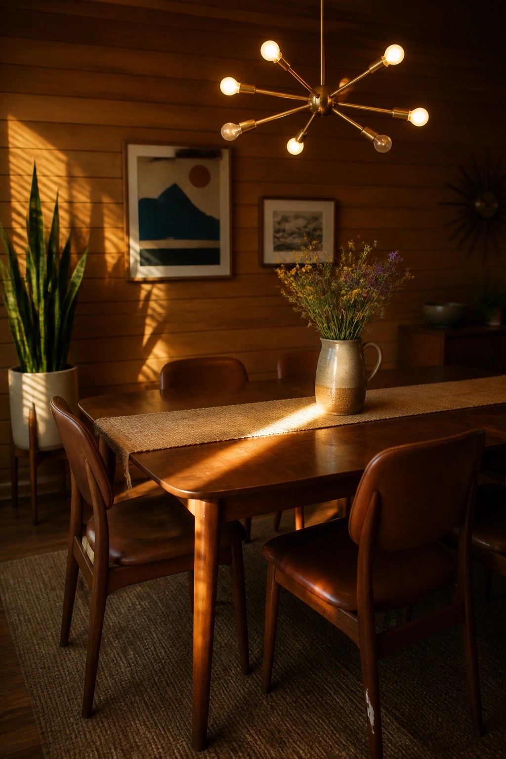 A dining room featuring horizontal wood shiplap walls, a long wooden table with brown leather chairs, and a modern brass chandelier above.