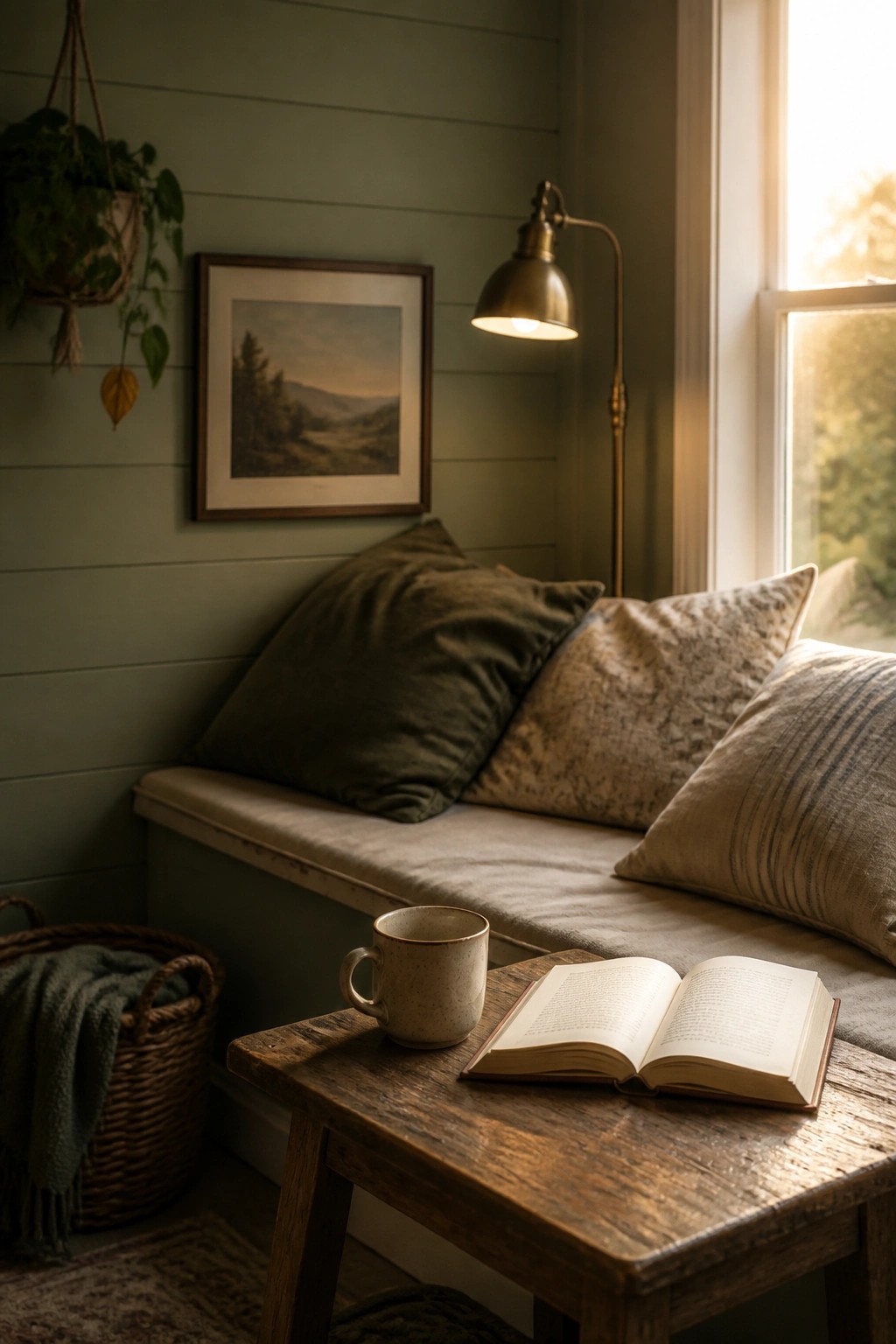 A corner with green shiplap walls, a cushioned bench with pillows, a wooden side table holding an open book and mug, and a window with natural light.