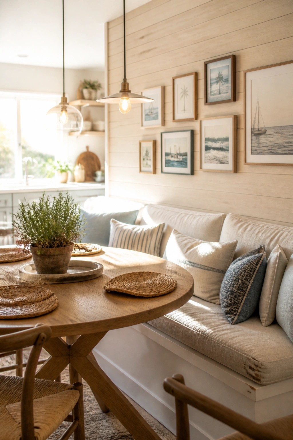 A round wooden dining table with woven placemats sits in front of a light wood shiplap wall featuring a built-in bench with neutral cushions and a gallery wall of framed prints.
