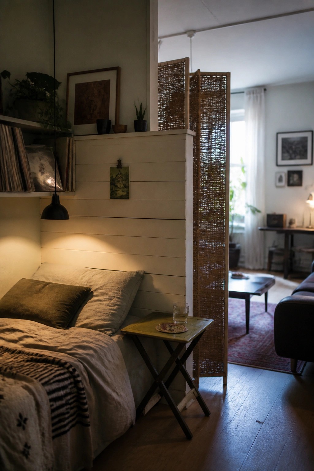 A bedroom with a white horizontal shiplap wall behind a bed with linen bedding and a small wooden side table.