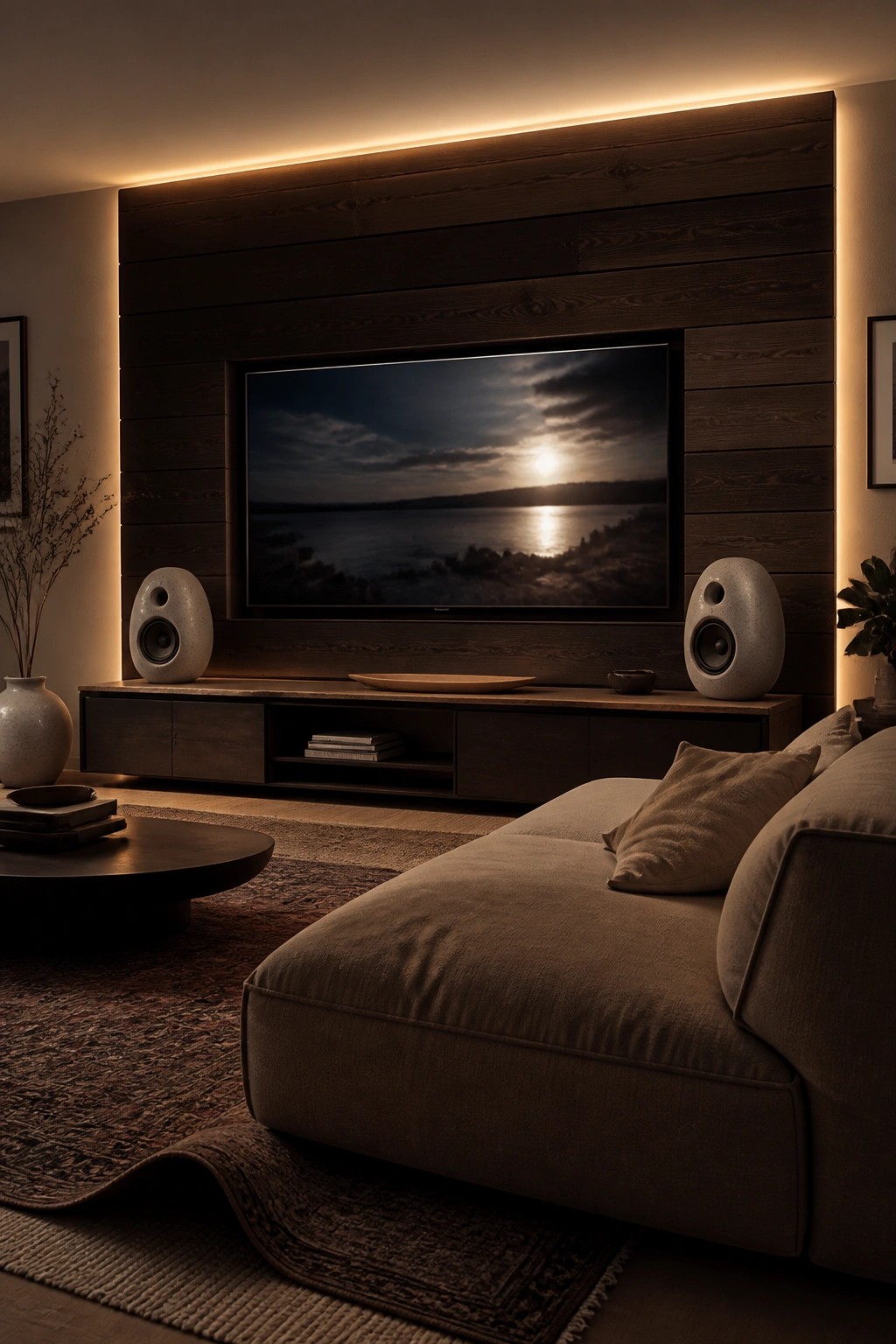 A living room featuring a large flat-screen TV mounted on a dark horizontal shiplap wall with integrated backlighting and two speakers on the console below.