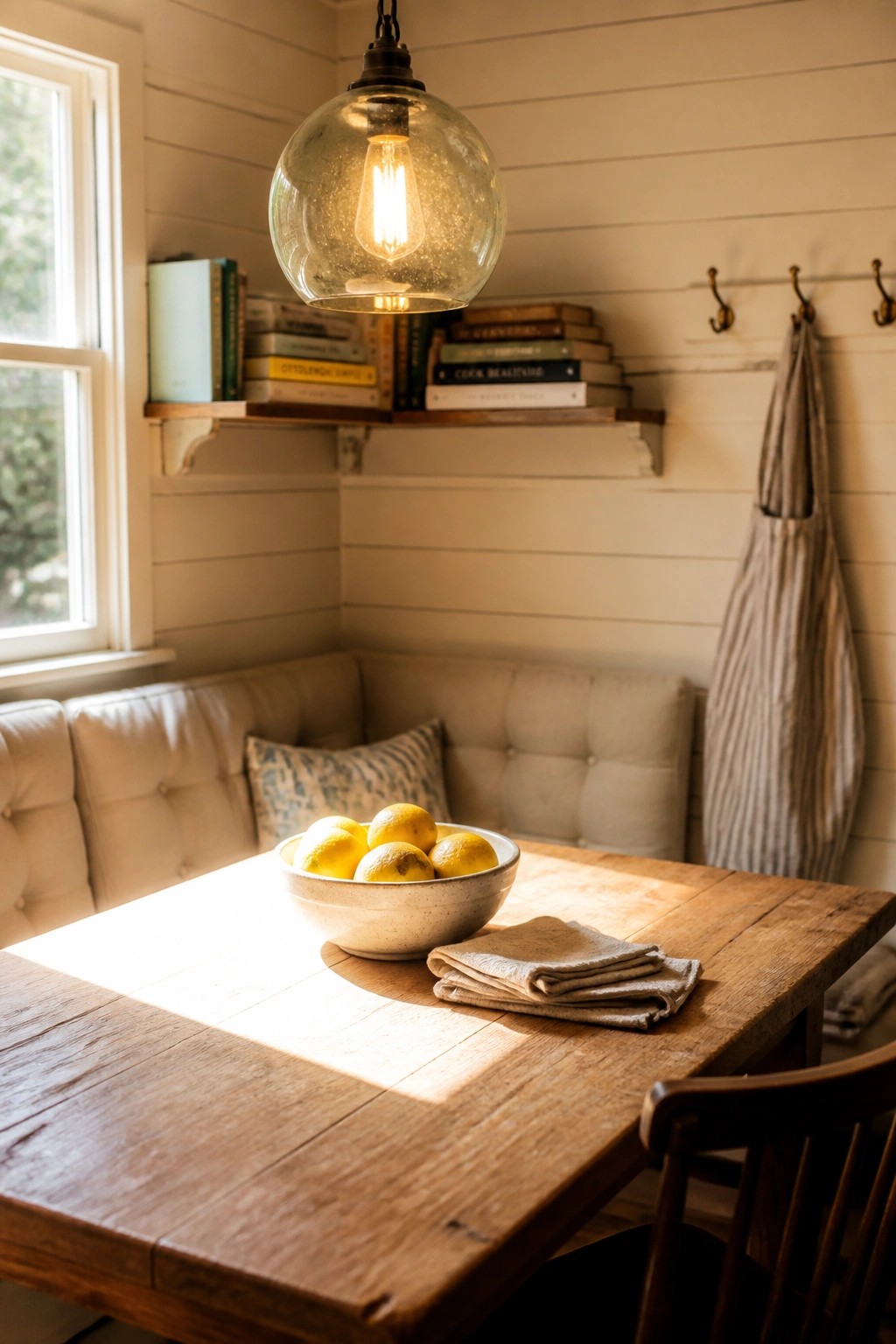 A wooden table with a bowl of lemons and folded cloth sits against white shiplap walls with a bench seat, books on a shelf, and hooks holding an apron.