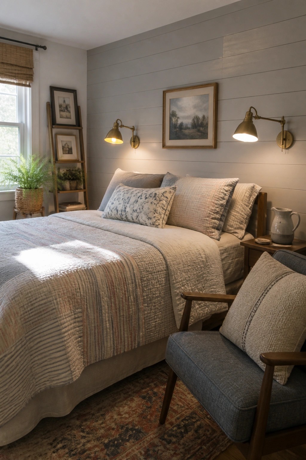 A bedroom with a bed against a light gray horizontal shiplap wall, two brass sconces mounted on the wall, and a blue upholstered chair in the foreground.
