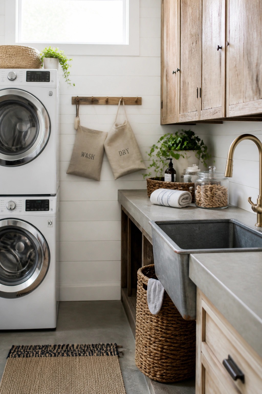 A laundry room featuring white shiplap walls, stacked white washer and dryer units, a gray farmhouse sink with concrete countertop, wooden wall hooks holding canvas bags, and woven baskets on the floor.