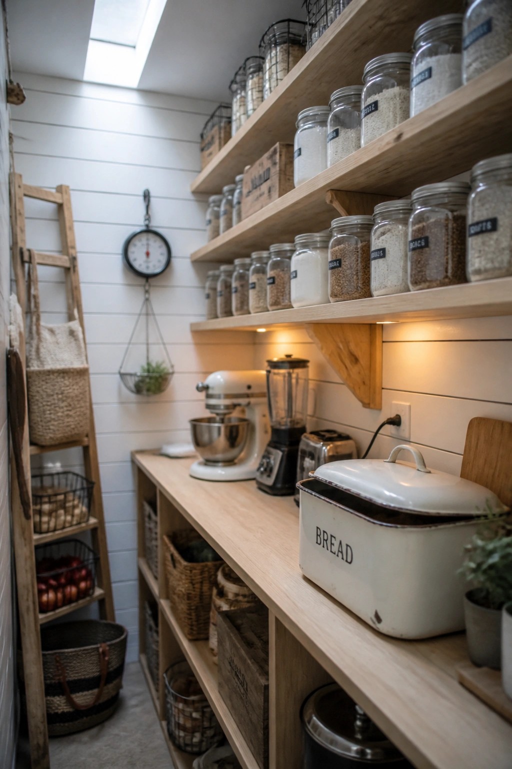 A narrow pantry interior with white shiplap walls, light wood open shelves filled with glass jars, and lower storage baskets along the wall.