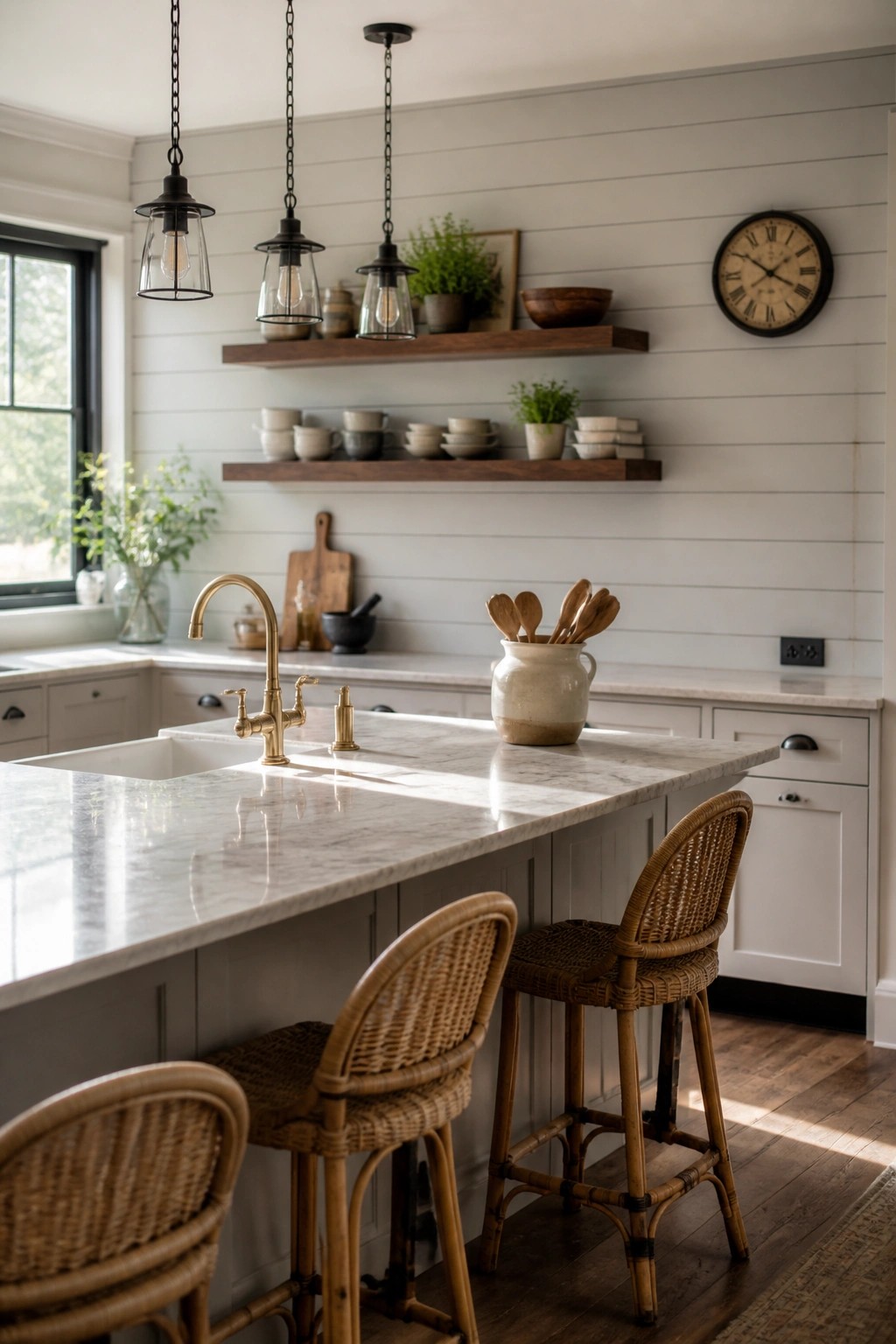 A kitchen with white horizontal shiplap walls, a marble island, brass faucet, woven bar stools, and open wooden shelves.