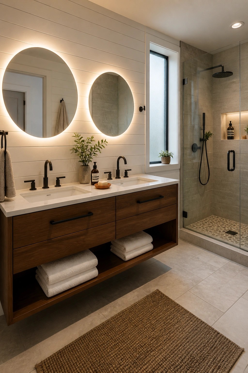 A bathroom interior with white horizontal shiplap walls, two round backlit mirrors above a double vanity with dark wood cabinets and open shelving holding folded towels, and a glass shower enclosure to the right.