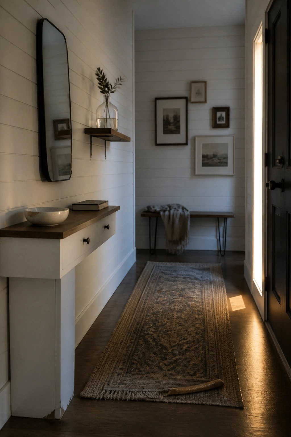A narrow interior hallway with white shiplap walls, a white and wood console table, a long runner rug, and several framed pictures on the walls.