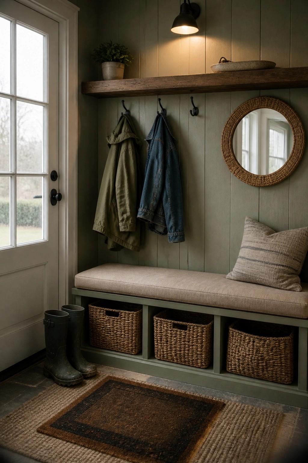 An interior view of a green shiplap wall with a built-in bench, storage baskets, coat hooks, a round mirror, and a wooden shelf above, next to a white door.