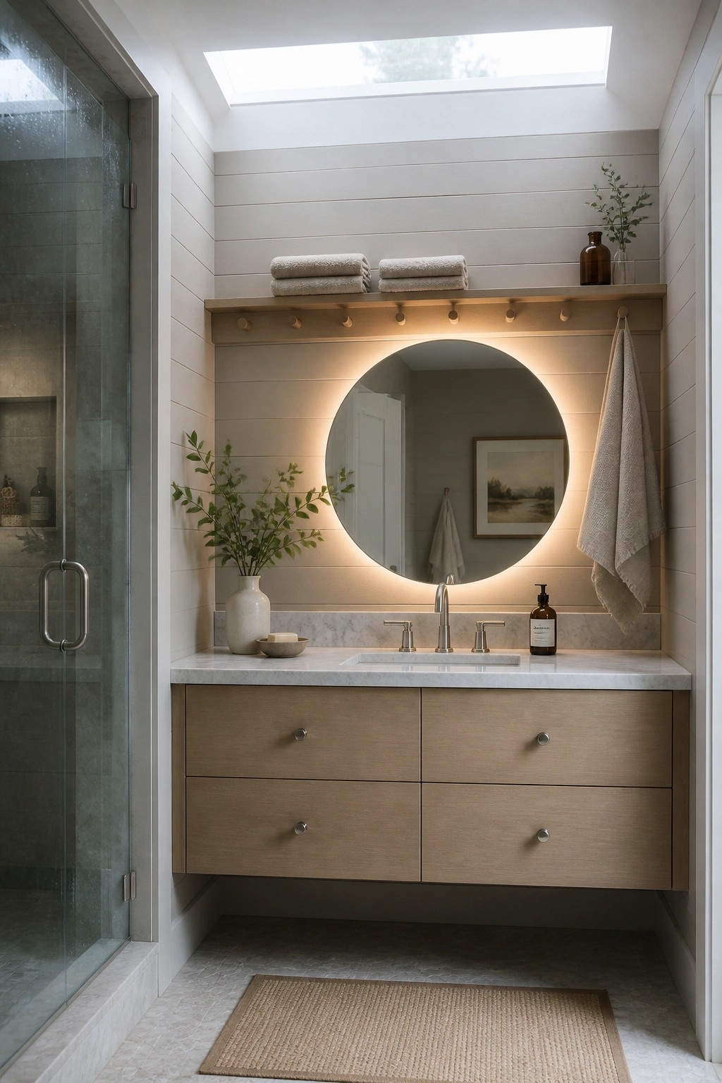 A bathroom interior with white horizontal shiplap walls, a floating light wood vanity with white marble top, a round backlit mirror, and a glass shower door on the left.