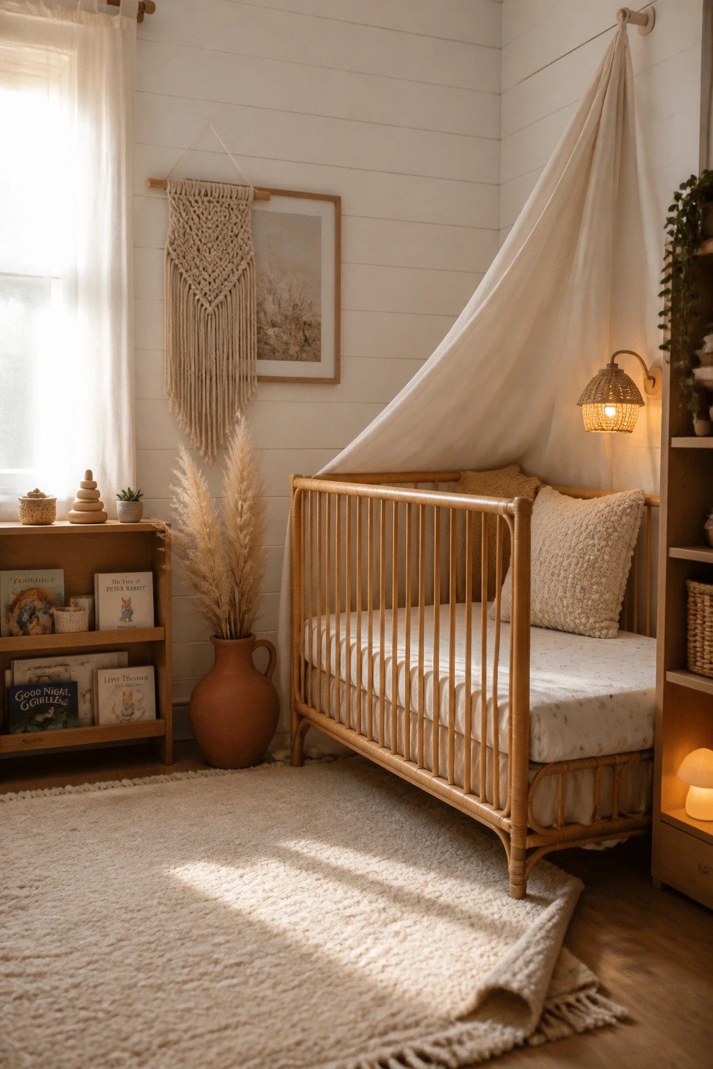 A child's room with horizontal white shiplap walls, a wooden crib, a large white rug, and a window with sheer curtains.