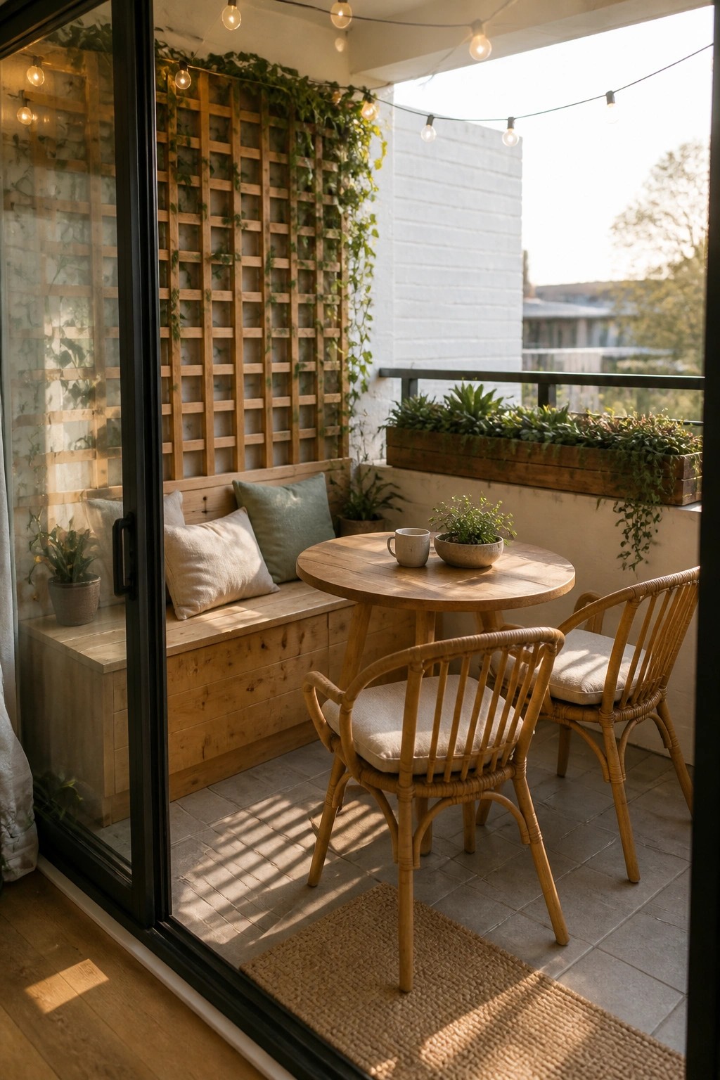 A small balcony viewed from indoors shows a built-in wooden bench with cushions, a round wooden table, two rattan chairs, potted plants, and string lights against white walls.