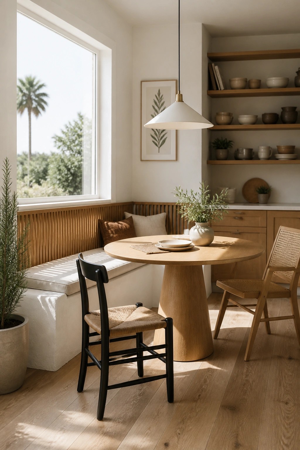 A dining nook with a round wooden pedestal table, mixed chairs, a built-in bench with cushions under a large window, and open wooden shelves on an adjacent wall.