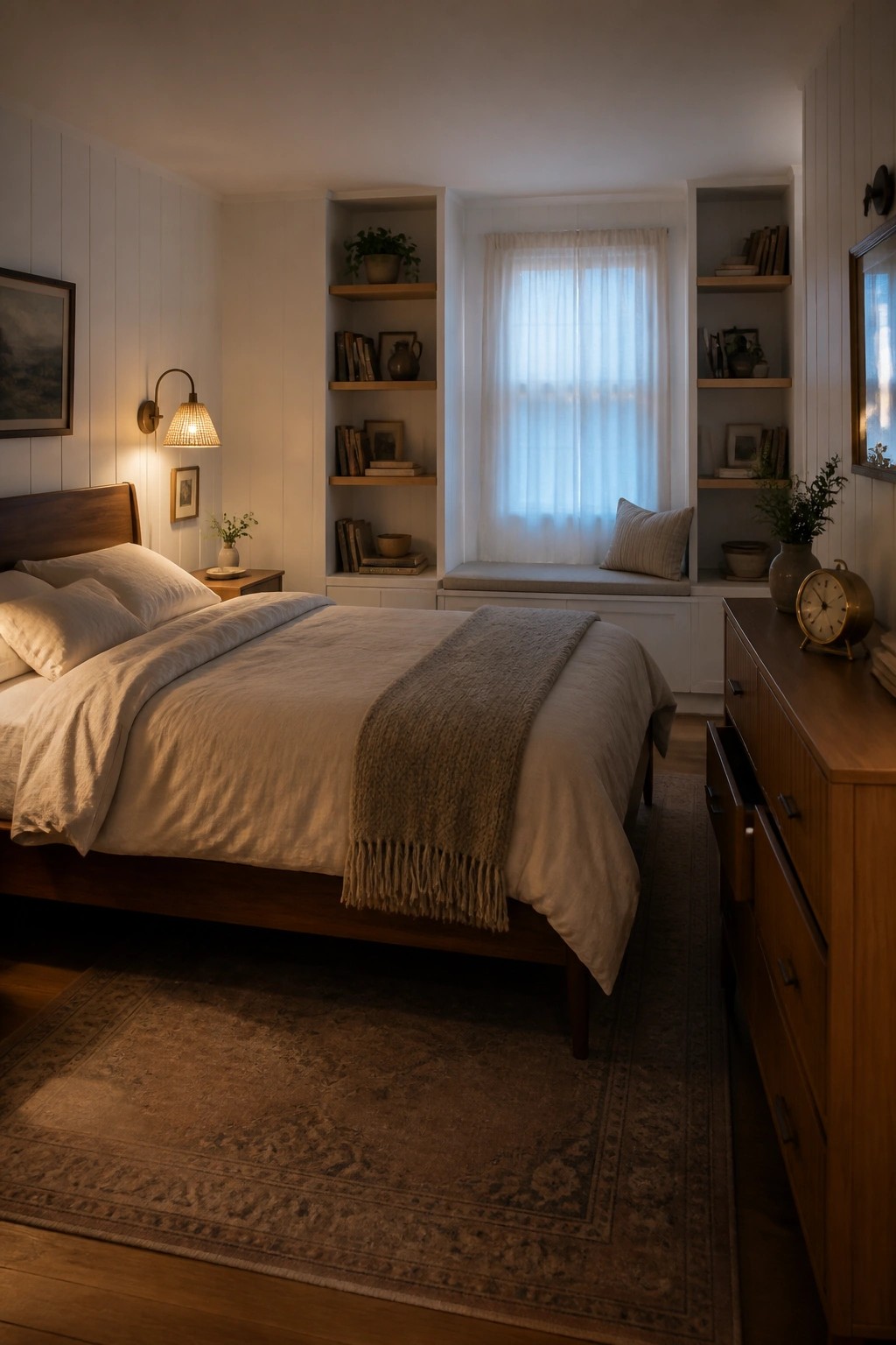 Cozy bedroom with wooden bed, white linens, built-in bookshelves, and warm lighting.