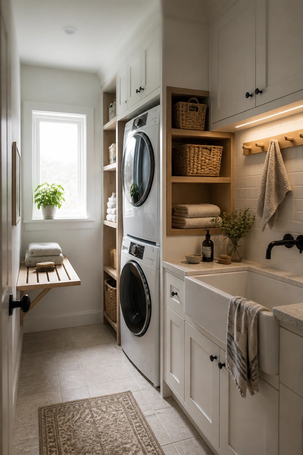 A narrow laundry room featuring stacked white washer and dryer units, white cabinetry, wooden open shelves with baskets and towels, a white farmhouse sink, and a small window.