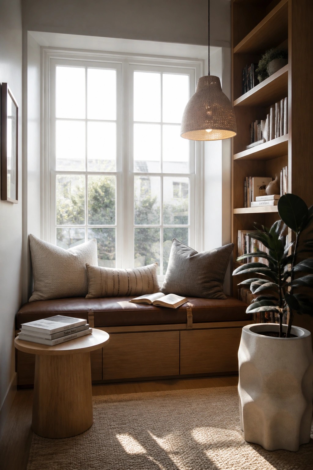A bright interior corner with a brown leather window seat under a large multi-pane window, surrounded by wooden built-in bookshelves, a hanging woven pendant light, a small round wooden side table with stacked books, and a potted plant on a woven rug.