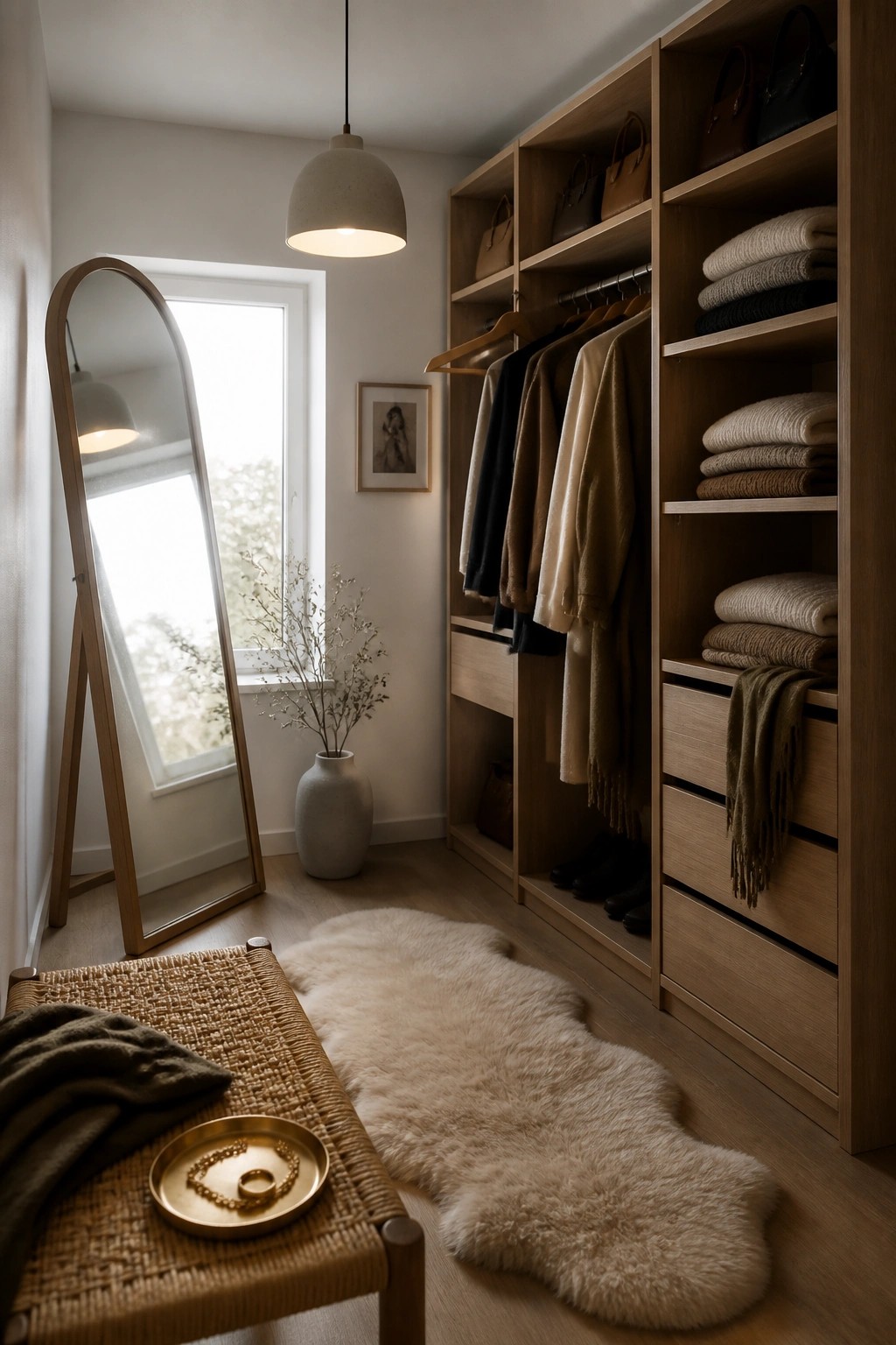 Minimalist wooden closet with hanging clothes, folded sweaters, full-length mirror, and sheepskin rug.