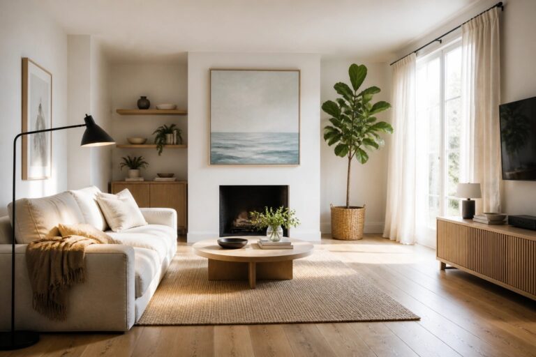 20 Fresh White and Wood Interior Design Ideas for an Airy Modern Vibe A bright living room with white walls, light wood furniture, a white sofa, round wooden coffee table, and a black fireplace.