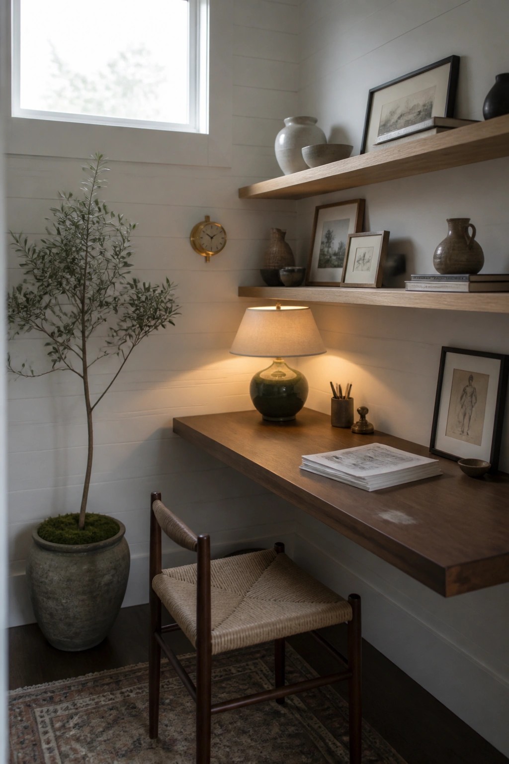 A wooden floating desk mounted on white shiplap walls with open shelves above, a woven chair pulled up, and a lit table lamp on the desk surface.