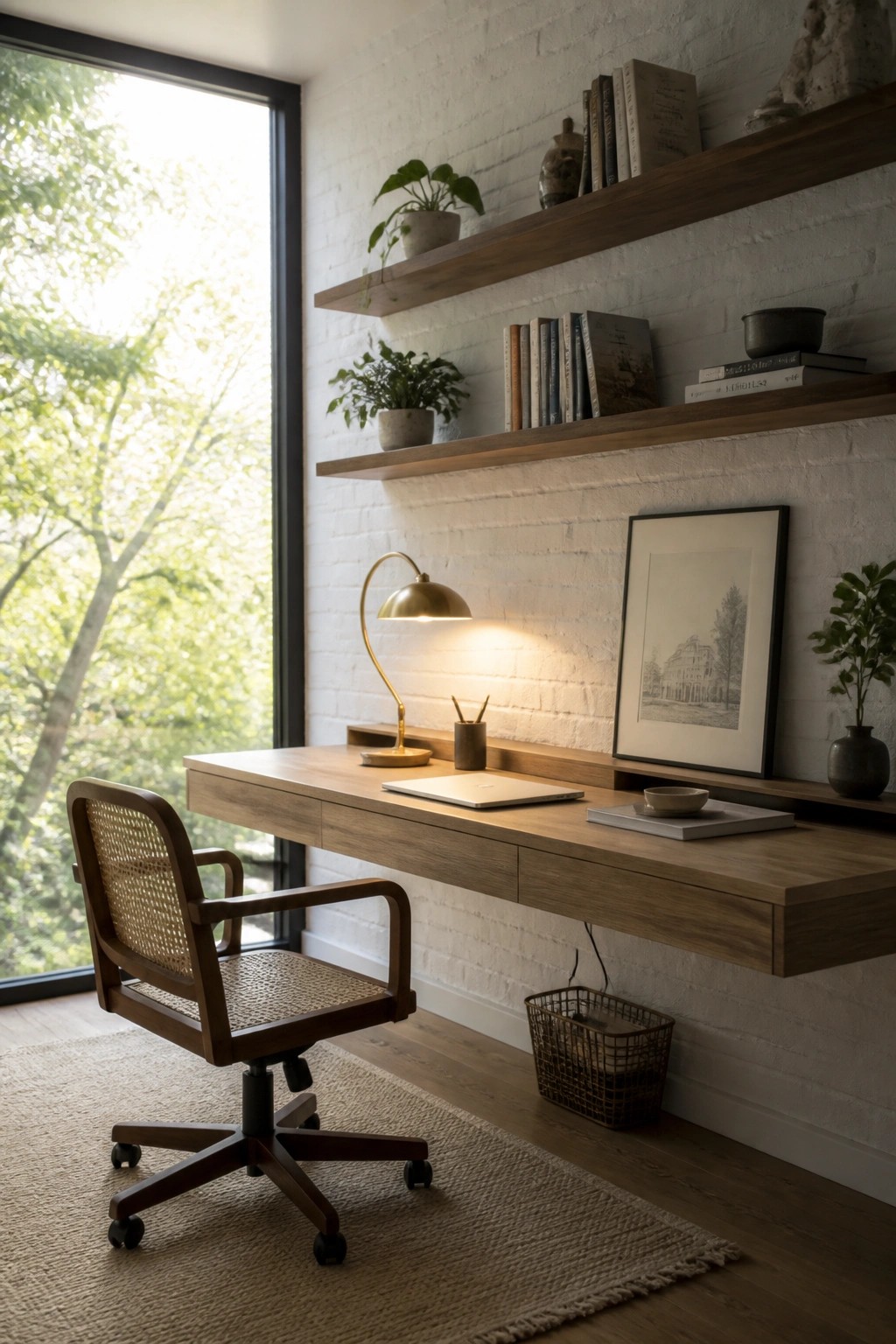 A wooden floating desk with a woven office chair sits below two wooden floating shelves on a white brick wall next to a large window.