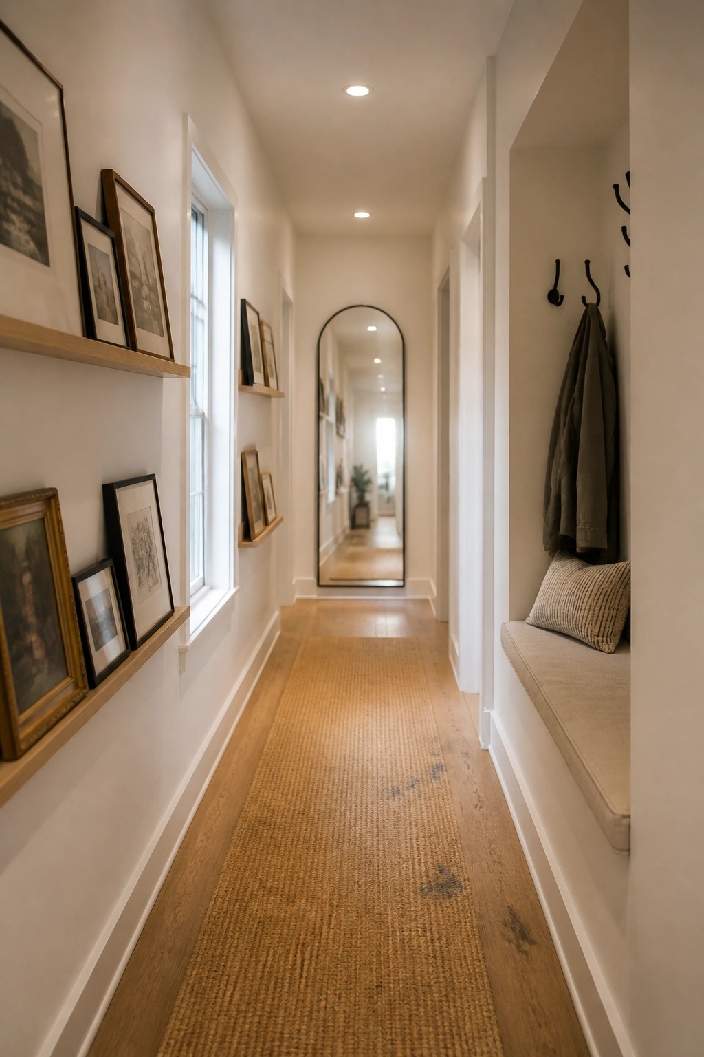 Narrow hallway with light wood floors, woven runner, art shelves, arched mirror, and bench with hooks.