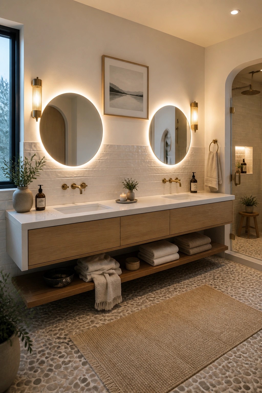 A modern bathroom featuring a long floating wood vanity with white countertop, two round backlit mirrors above, and open lower shelving holding towels on a pebble tile floor.