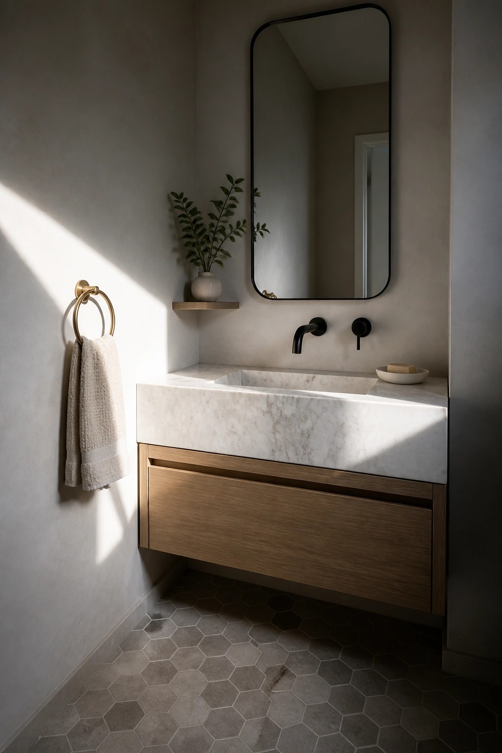 A bathroom vanity with a white marble countertop and integrated sink set on a floating light wood cabinet, a black framed mirror above, and a brass towel ring on the adjacent wall.