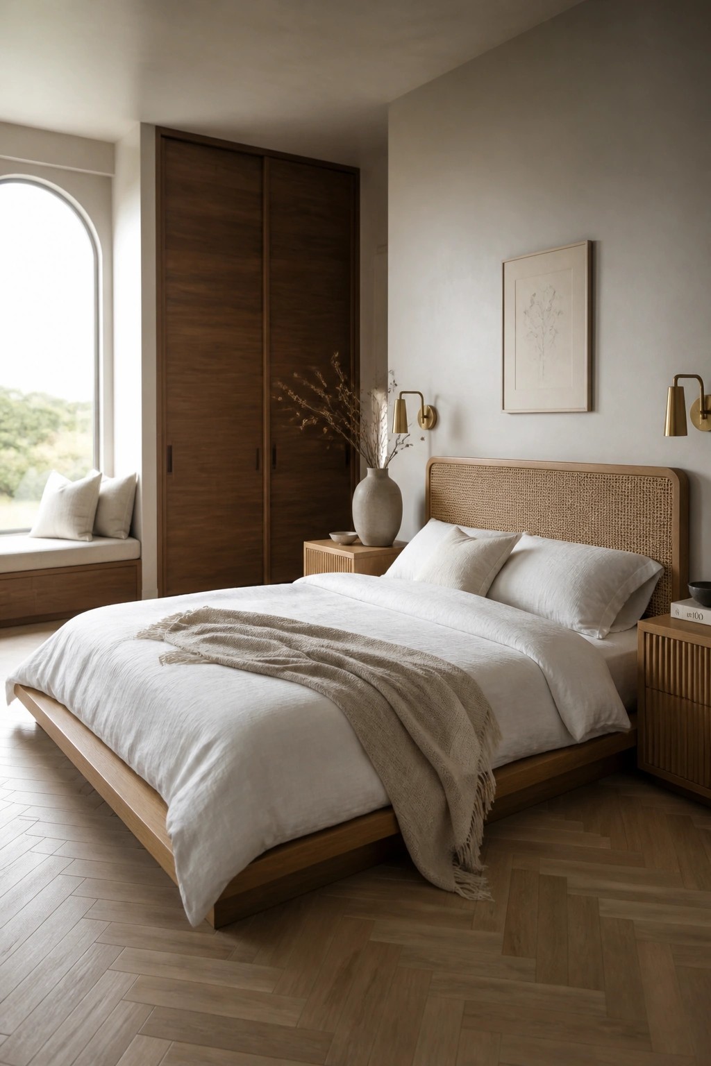 A bedroom with a low wooden platform bed dressed in white linens, a woven headboard, matching wooden nightstands and wardrobe, and an arched window on the left.