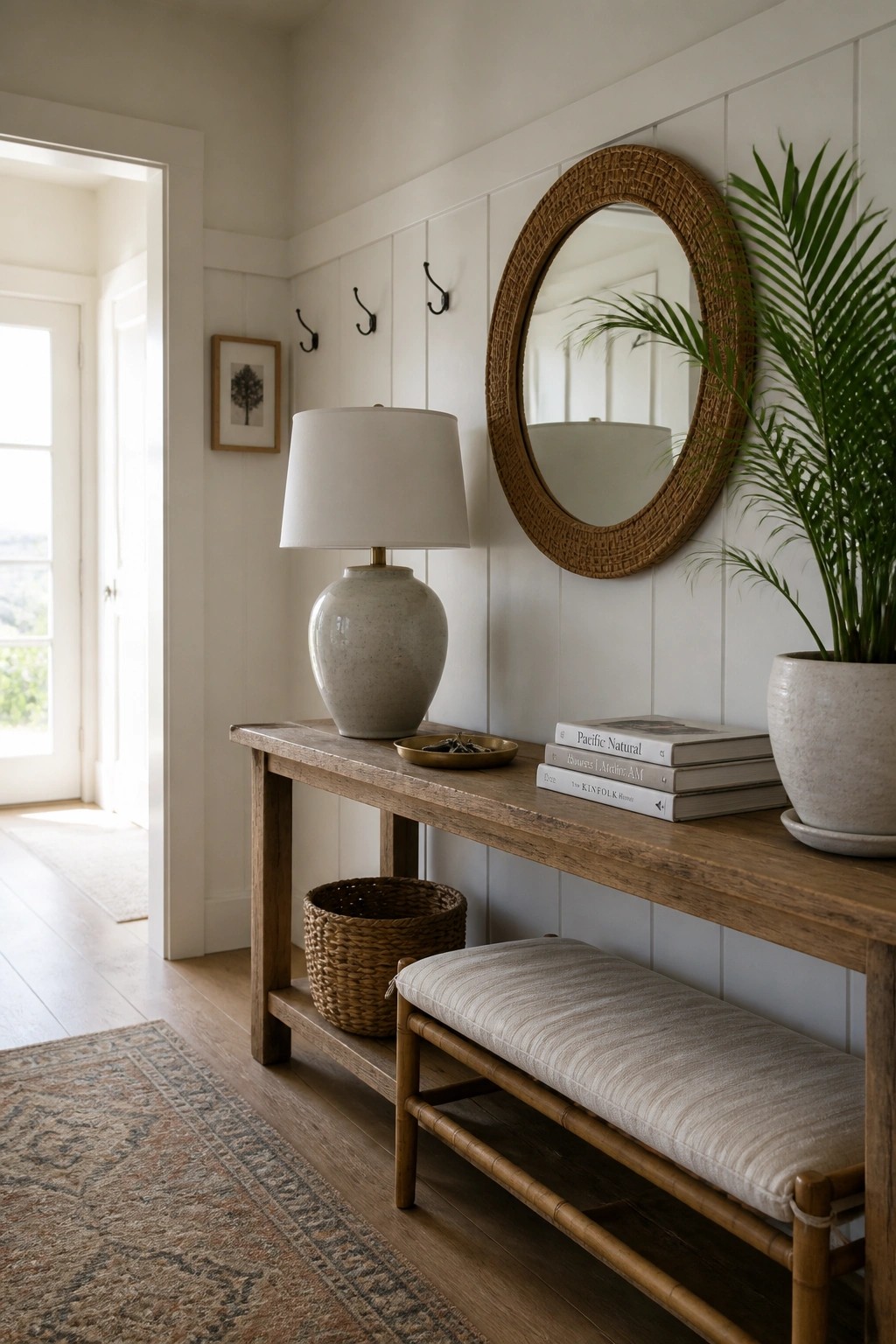 A wooden console table with a cushioned bench underneath sits against white paneled walls, next to a round woven mirror and a potted plant.