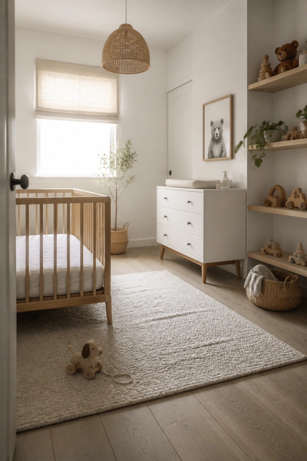 A bright nursery featuring a light wood crib, white dresser with wood legs, and a large textured white rug on pale wood flooring.
