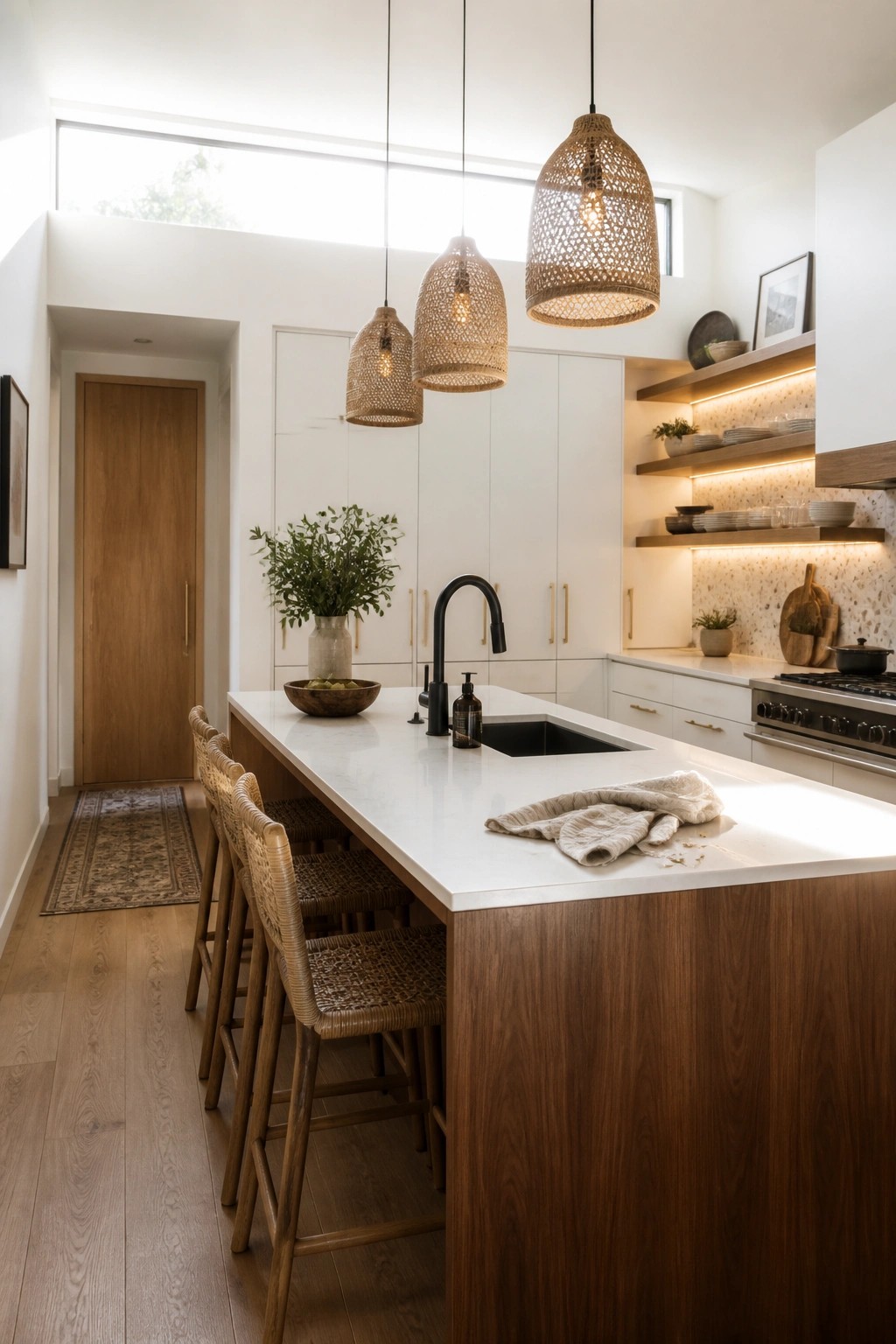A bright kitchen featuring white cabinets, a wood-based island with a white countertop, woven pendant lights, and woven bar stools.