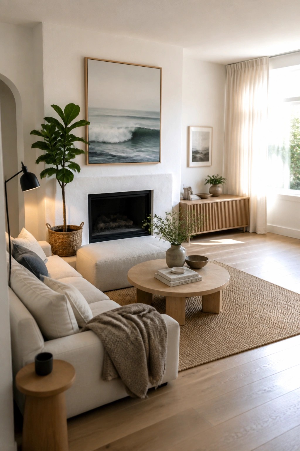 A bright living room with white walls, light wood furniture, a white sofa, round wooden coffee table, and a black fireplace.
