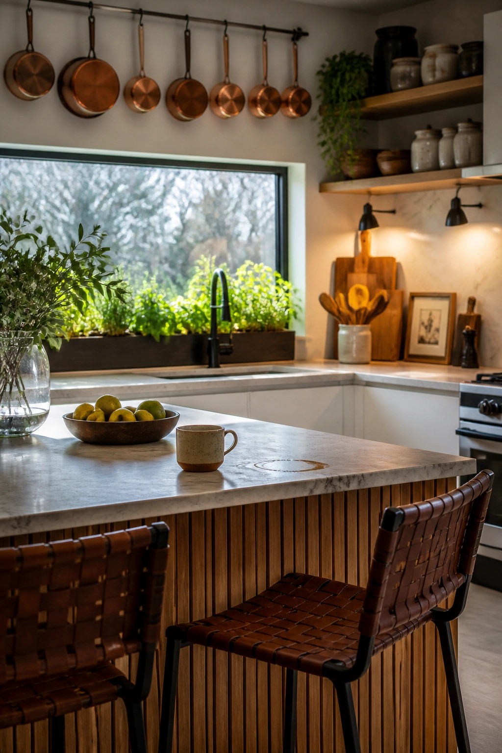 A bright kitchen with a white marble island on a vertical wood slat base, two woven leather bar stools in front, hanging copper pots, and a large window overlooking plants.
